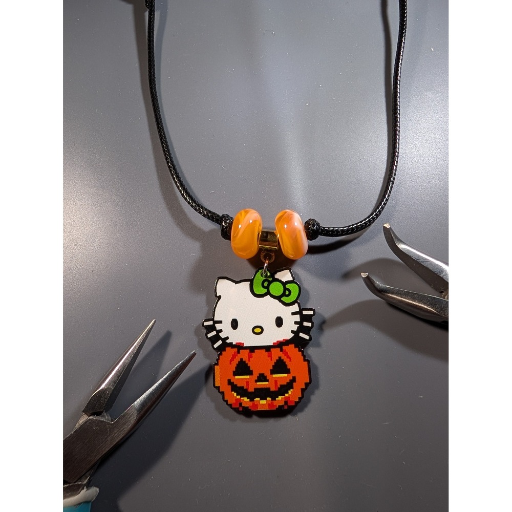 Hello Kitty Pumpkin Halloween Necklace Acrylic Pixel Art Adjustable Cord Black